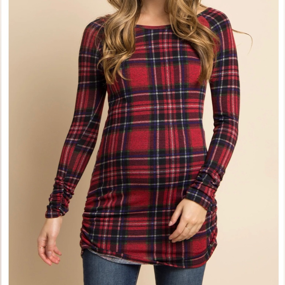 Red Plaid Long Sleeve Ruched Maternity Top